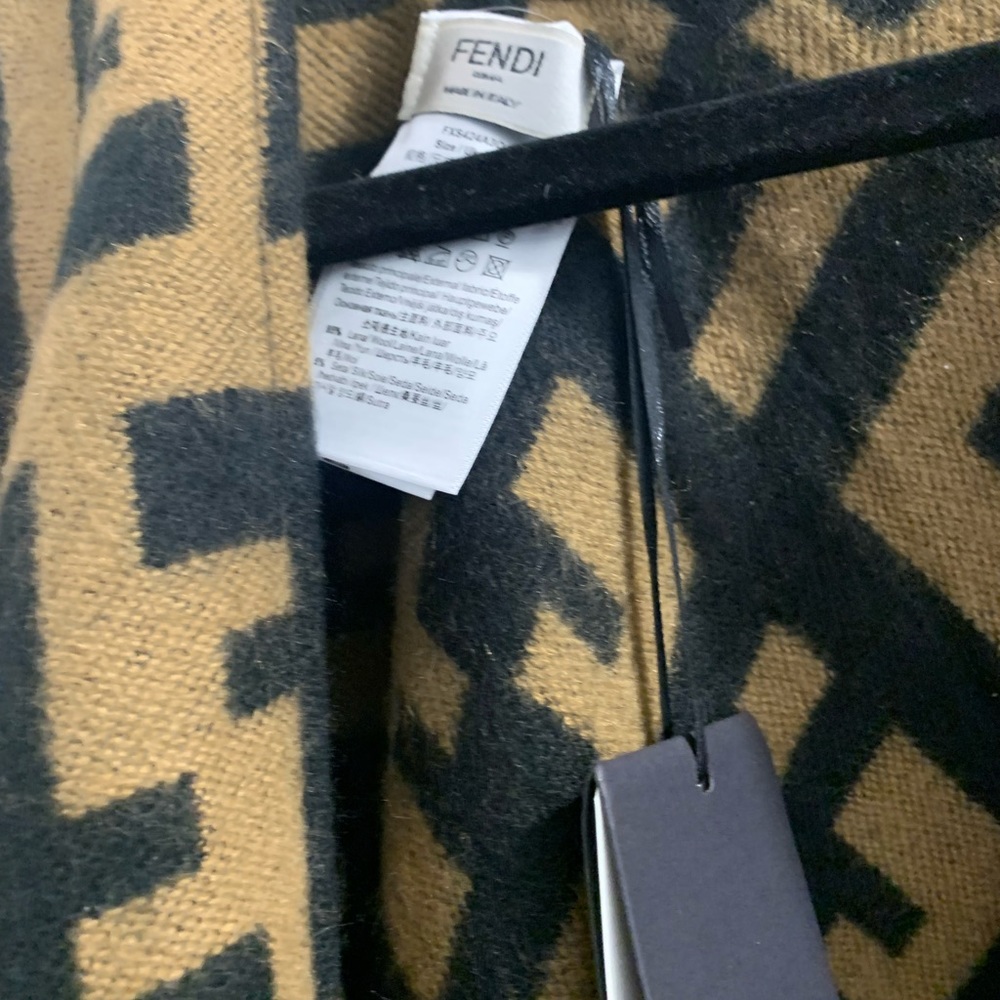 Fendi Brown Black Logo Wool Scarf with Orange Stripes - Picture 2 of 4